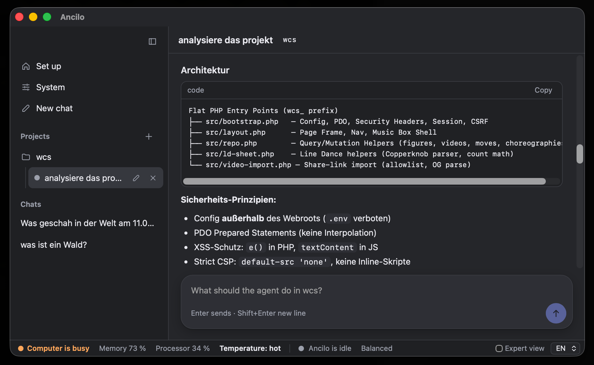 Ancilo showing chats, projects and the coding agent analysing a PHP project.